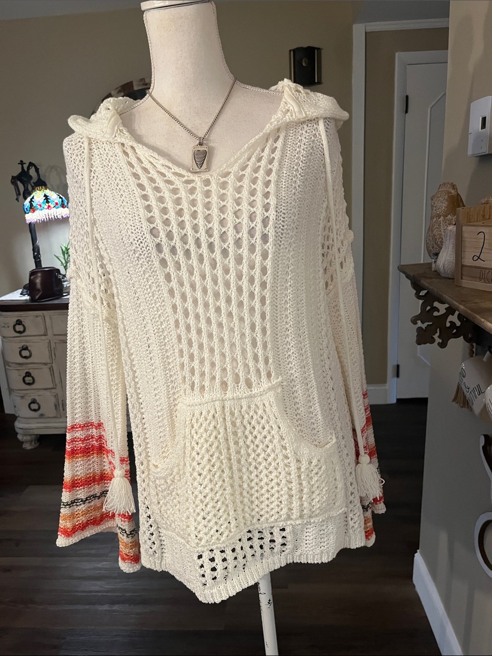 POL Cream Crochet Hooded Sweater with Red-Orange Striped Sleeves